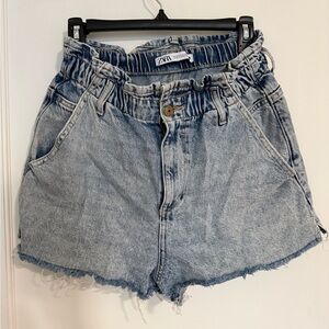Zara Washed Blue Paperbag Denim Shorts